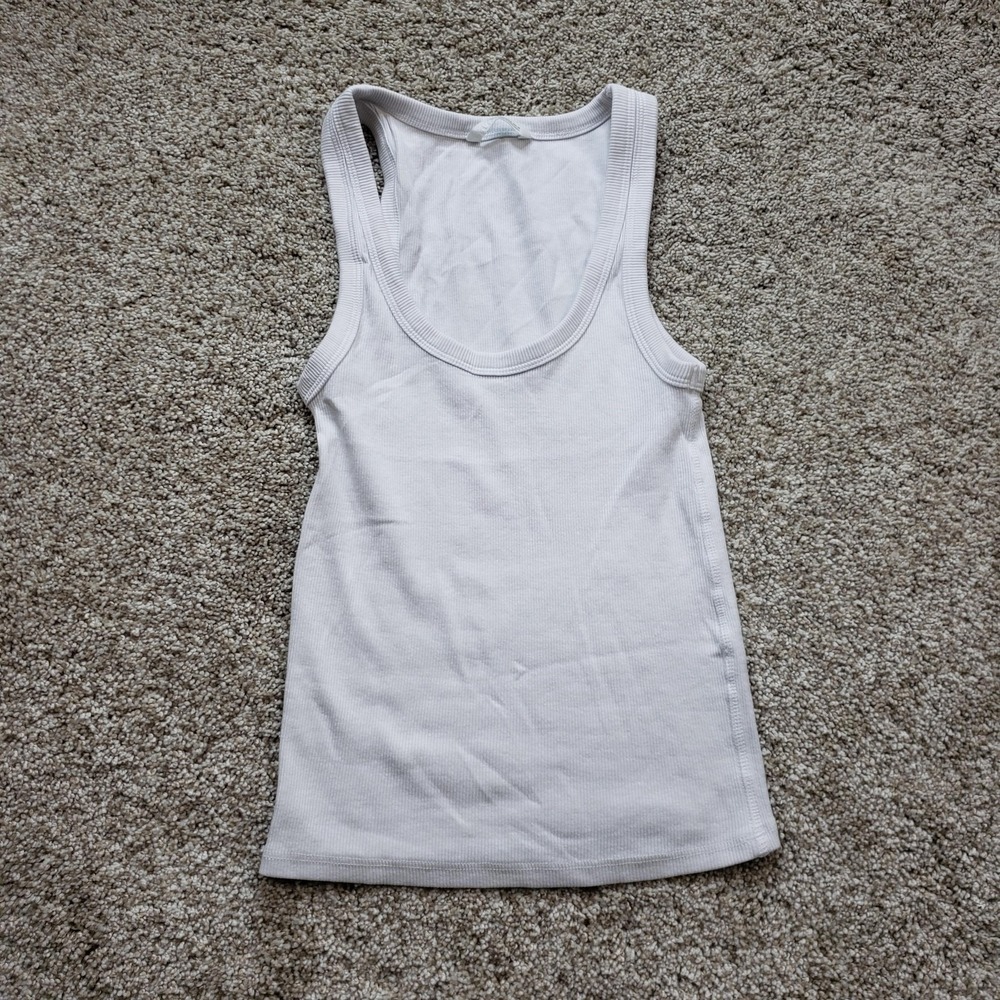 ZARA Tank Womens S White Cotton Ribbed Scoop Neck Slim Stretch Casual Basic